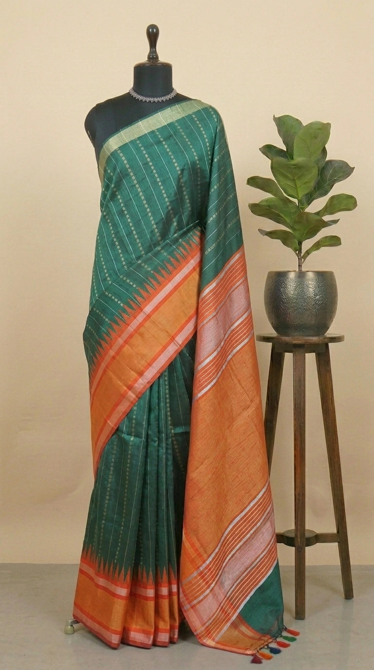 Bottle green Khadi semi pattu saree 