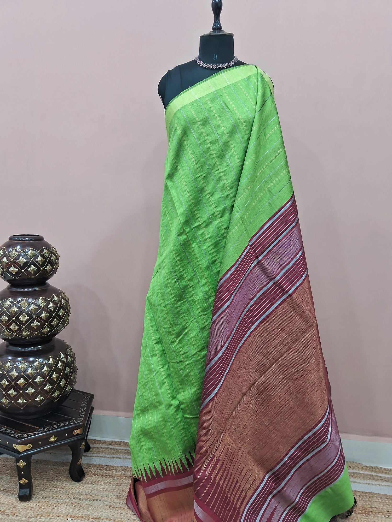 Bright green Khadi semi pattu saree