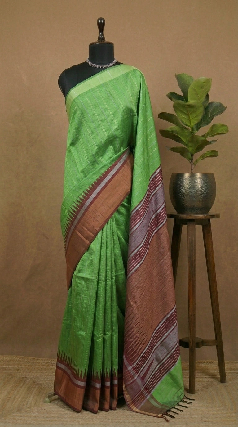 Bright green Khadi semi pattu saree