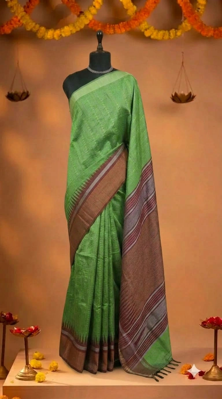Bright green Khadi semi pattu saree