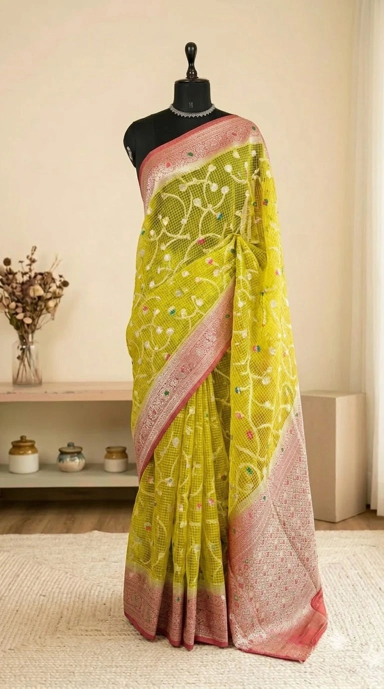 Lemon Yellow Kota Saree
