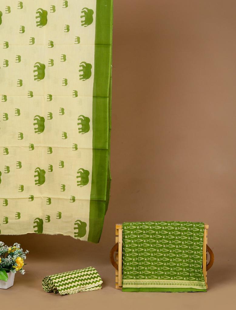 Leaf green blcok printed pure mulmul cotton top