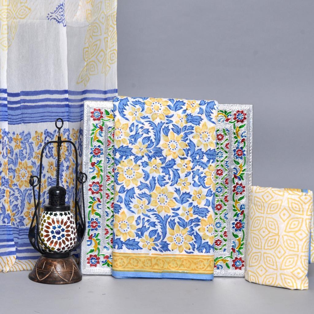 White, blue and mustard block printed pure mulmul cotton dress material