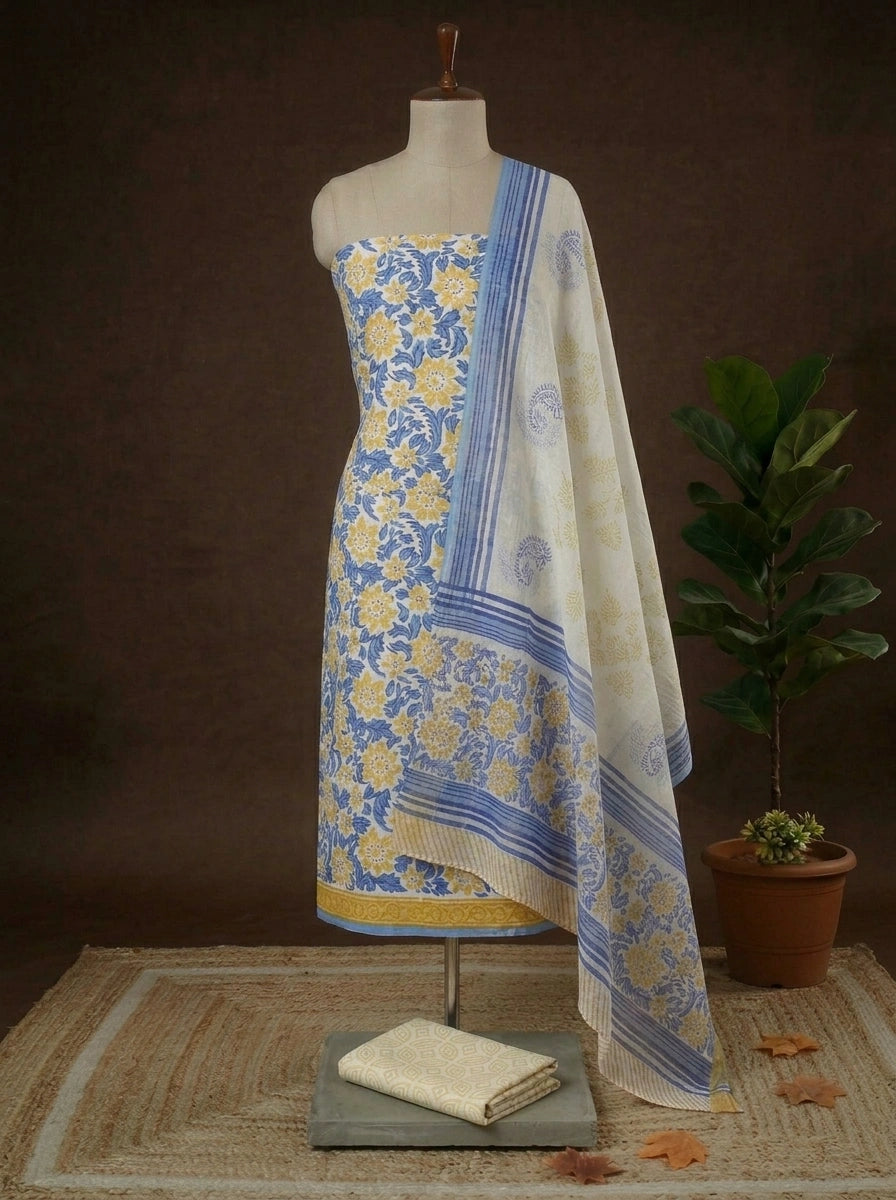 White, blue and mustard block printed pure mulmul cotton dress material