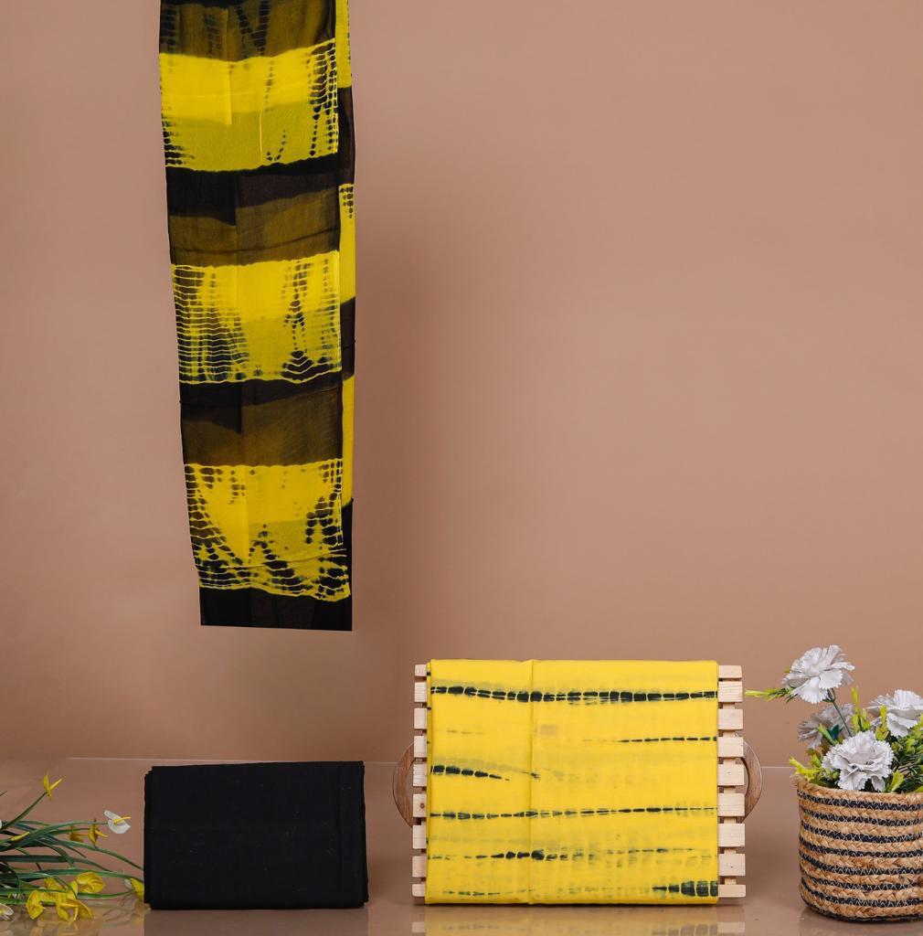 Lemon yellow and black tie-dye printed pure mulmul cotton dress material