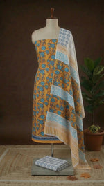Mustard yellow floral printed mulmul cotton dress material