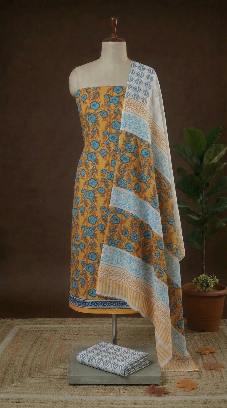 Mustard yellow floral printed mulmul cotton dress material