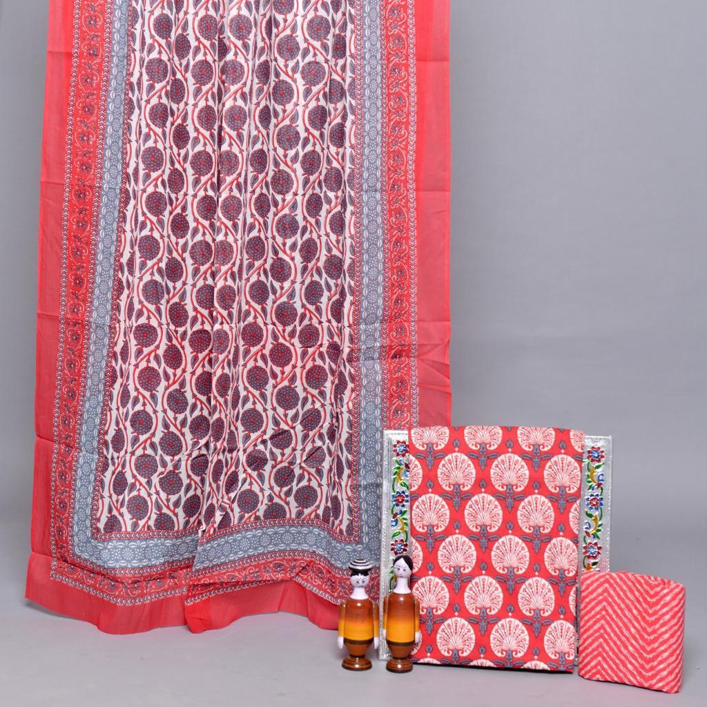 Red and ash block printed mulmul cotton top