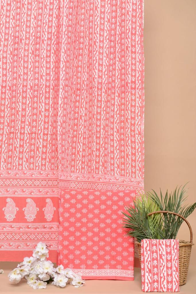 Peach pink and white block printed mulmul cotton top