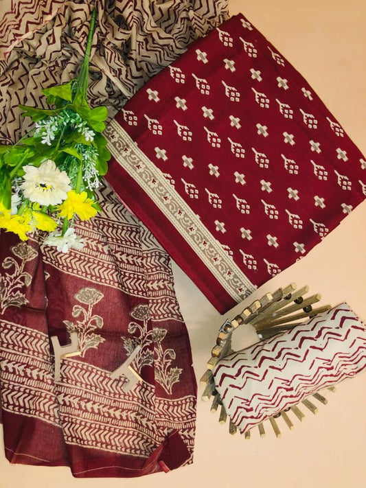 Maroon and beige block printed mulmul cotton top