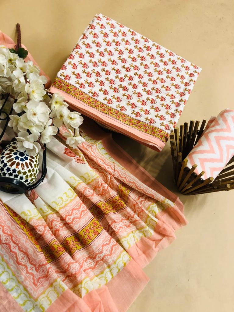 White and pink block printed mulmul cotton top paired 