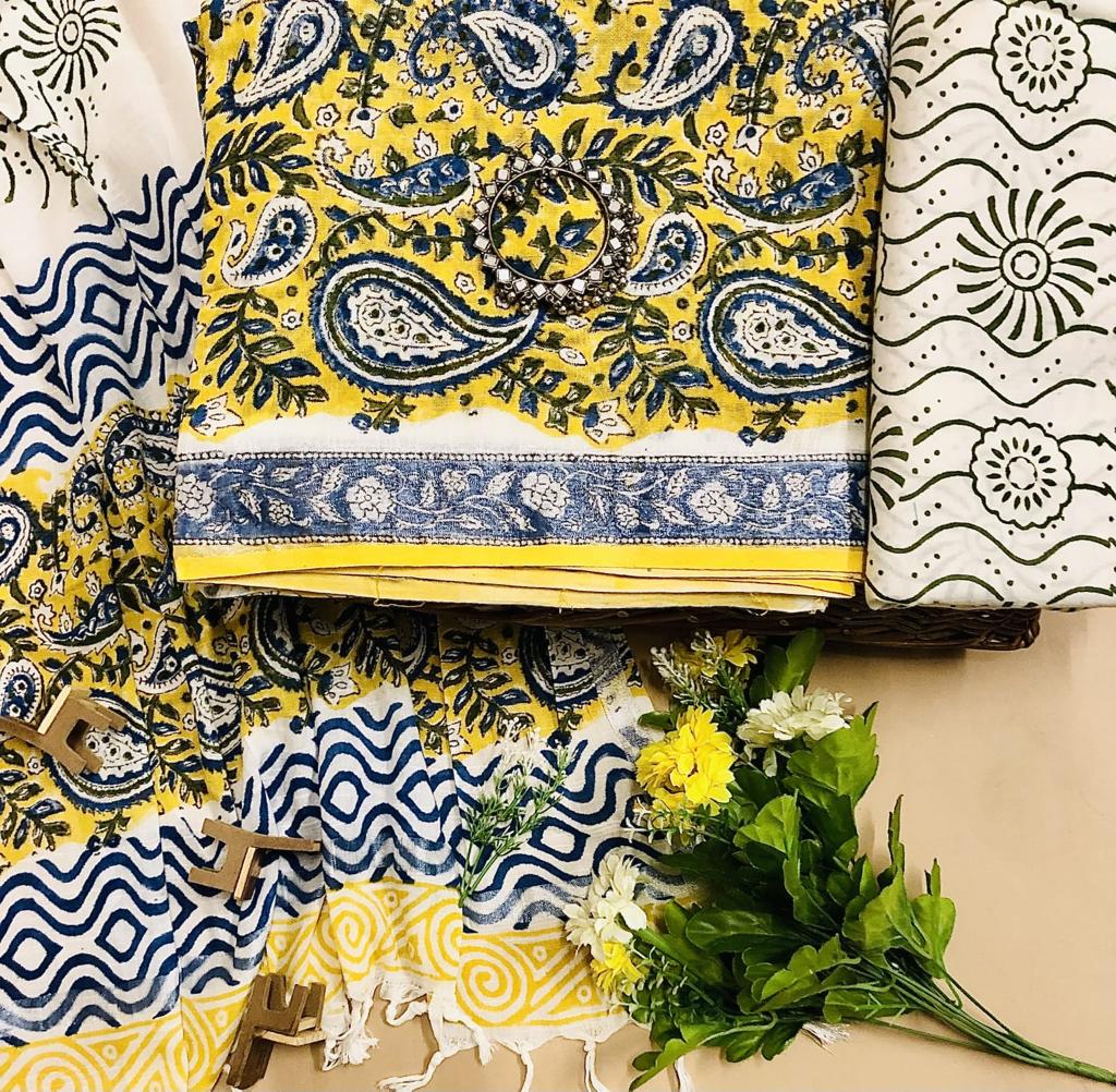 Yellow and Blue floral printed linen cotton top