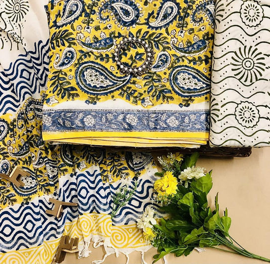 Yellow and Blue floral printed linen cotton top