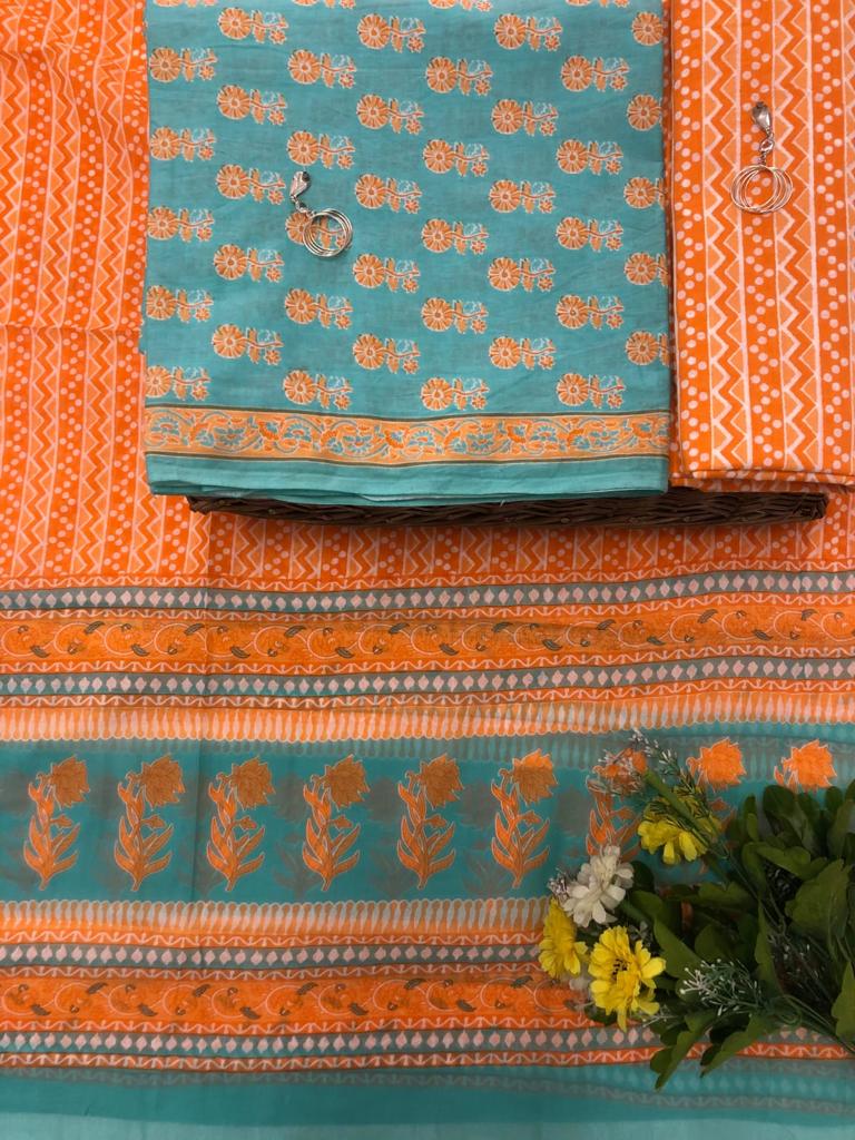 Teal Blue and Orange floral printed mulmul cotton top 