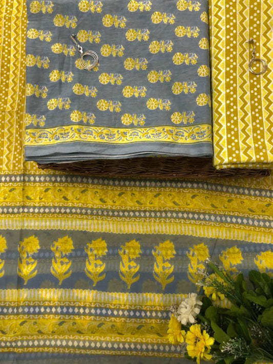 Grey and Mustard yellow floral printed mulmul cotton top