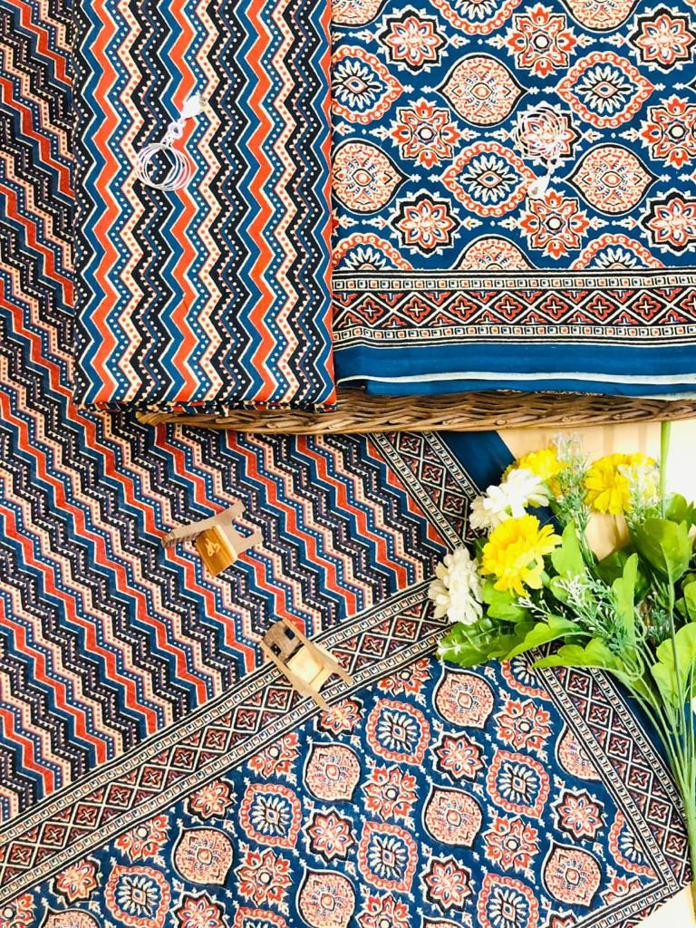 Blue and Orange ajrakh printed cotton top