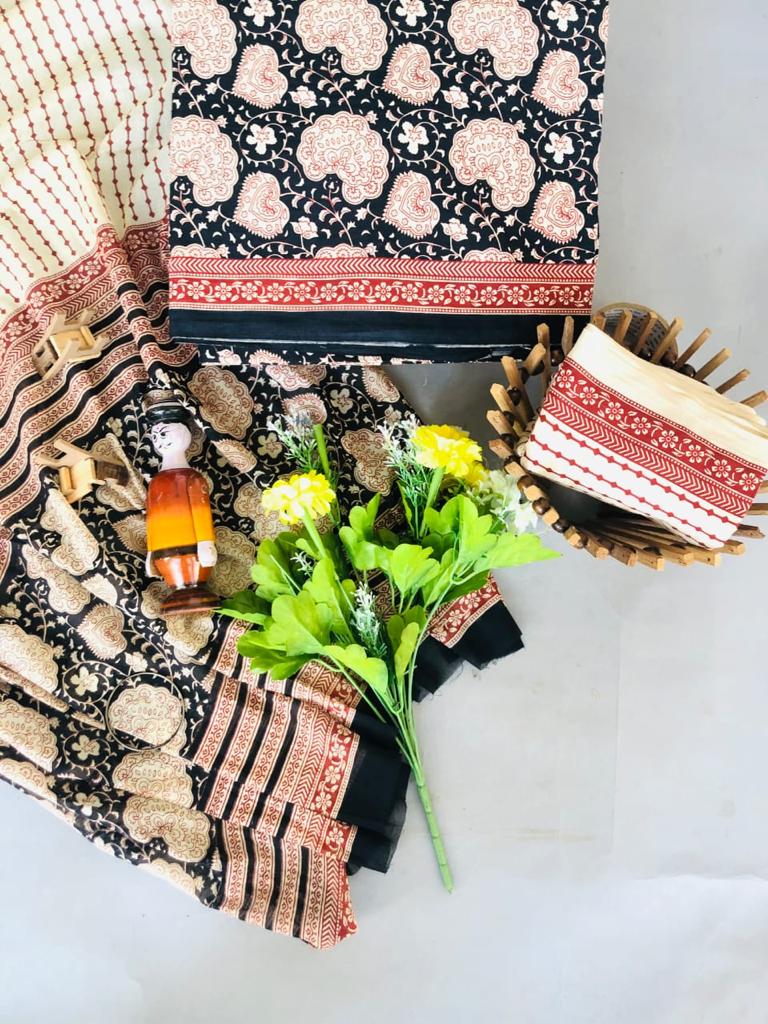 Black and Maroon floral printed cotton dress material