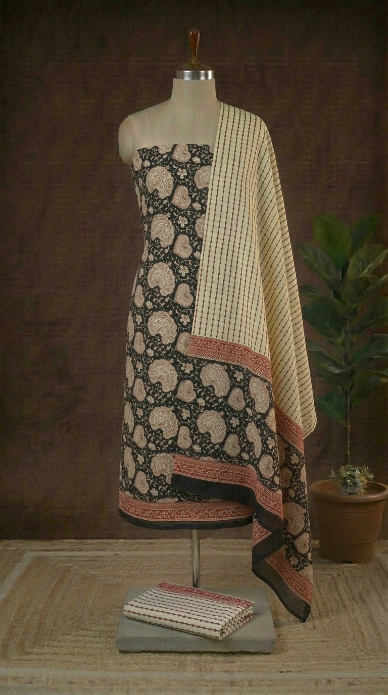 Black and Maroon floral printed cotton dress material