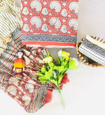 Red and White floral printed cotton dress material