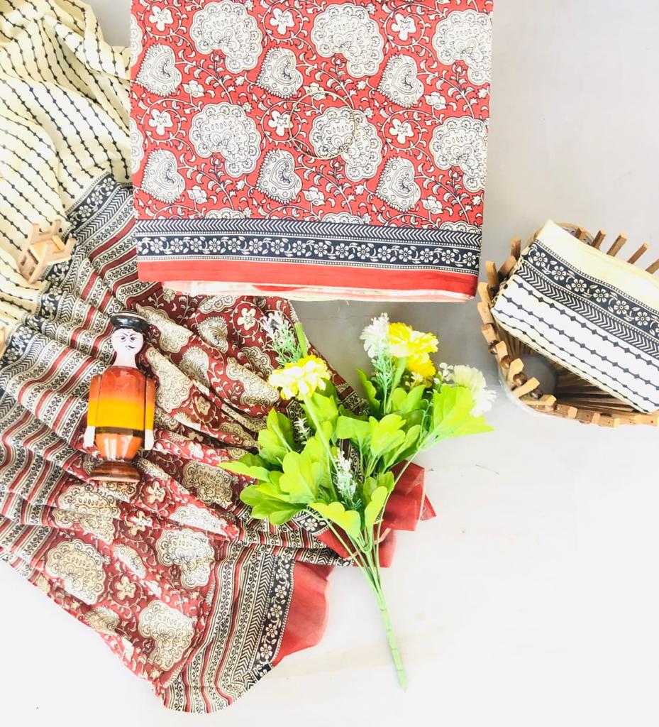 Red and White floral printed cotton dress material