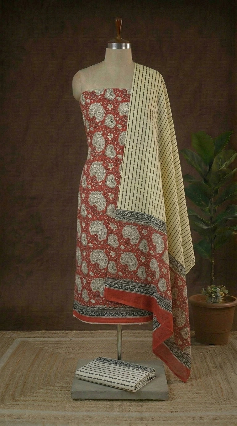 Red and White floral printed cotton dress material