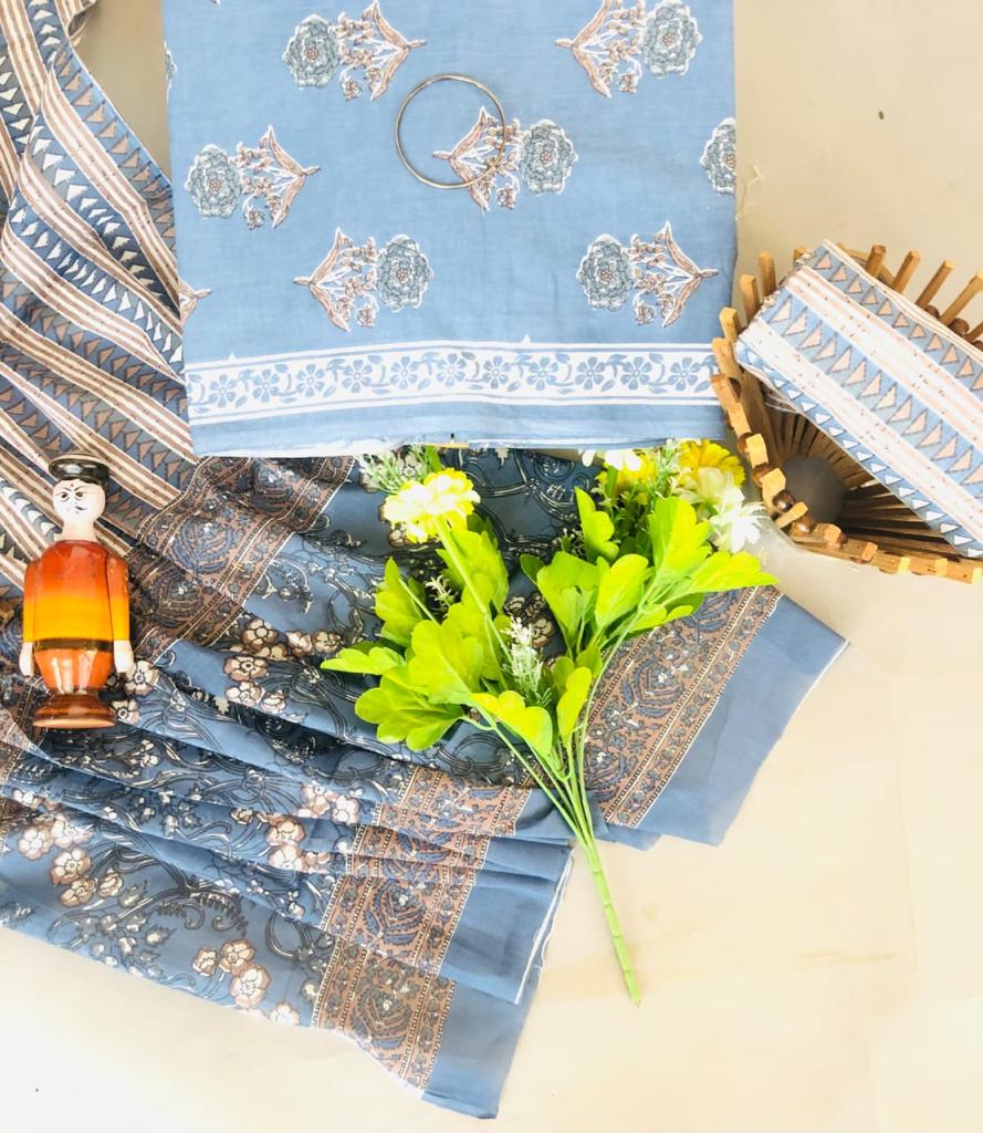 Baby Blue and grey floral printed cotton dress material