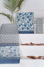 Off-White with Baby blue flower printed cotton dress material