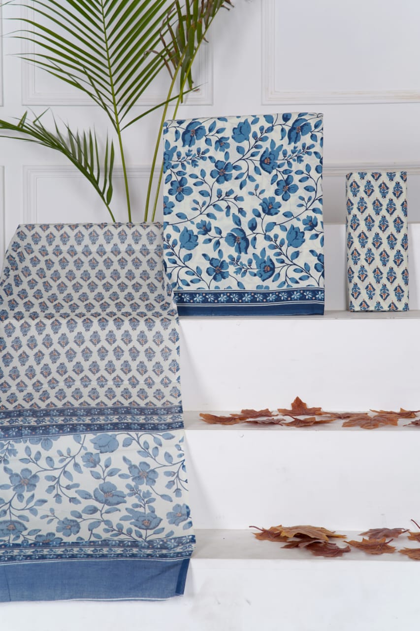 Off-White with Baby blue flower printed cotton dress material