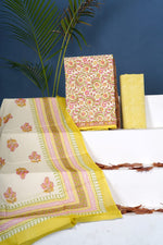 White with baby pink, yellow floral printed cotton dress material