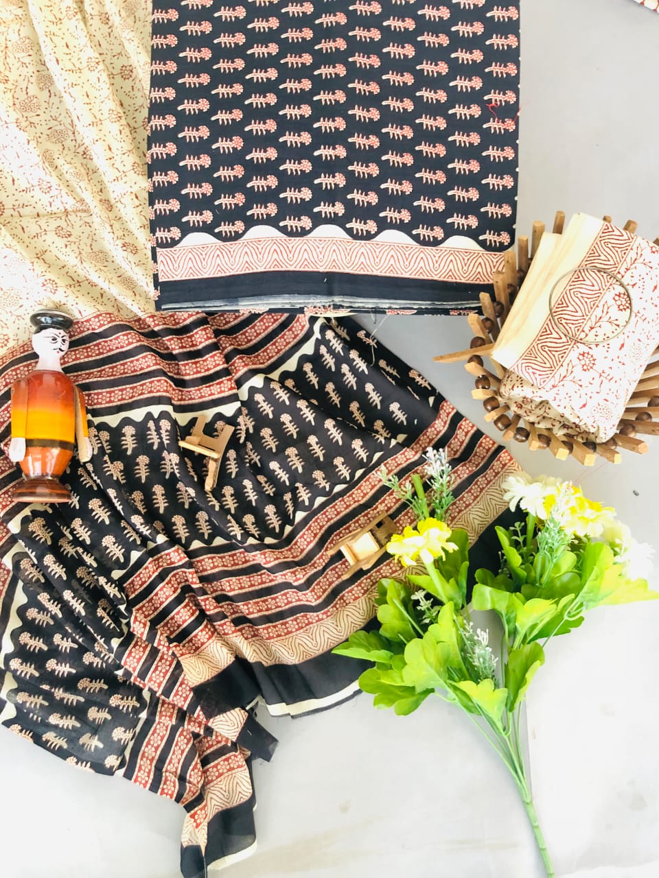 Black with Red flower printed cotton dress material