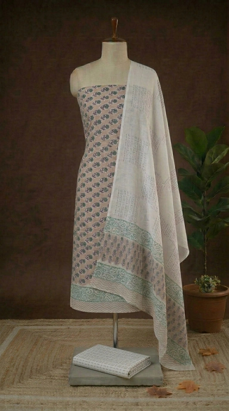 Peach with purple and green flower printed cotton dress material