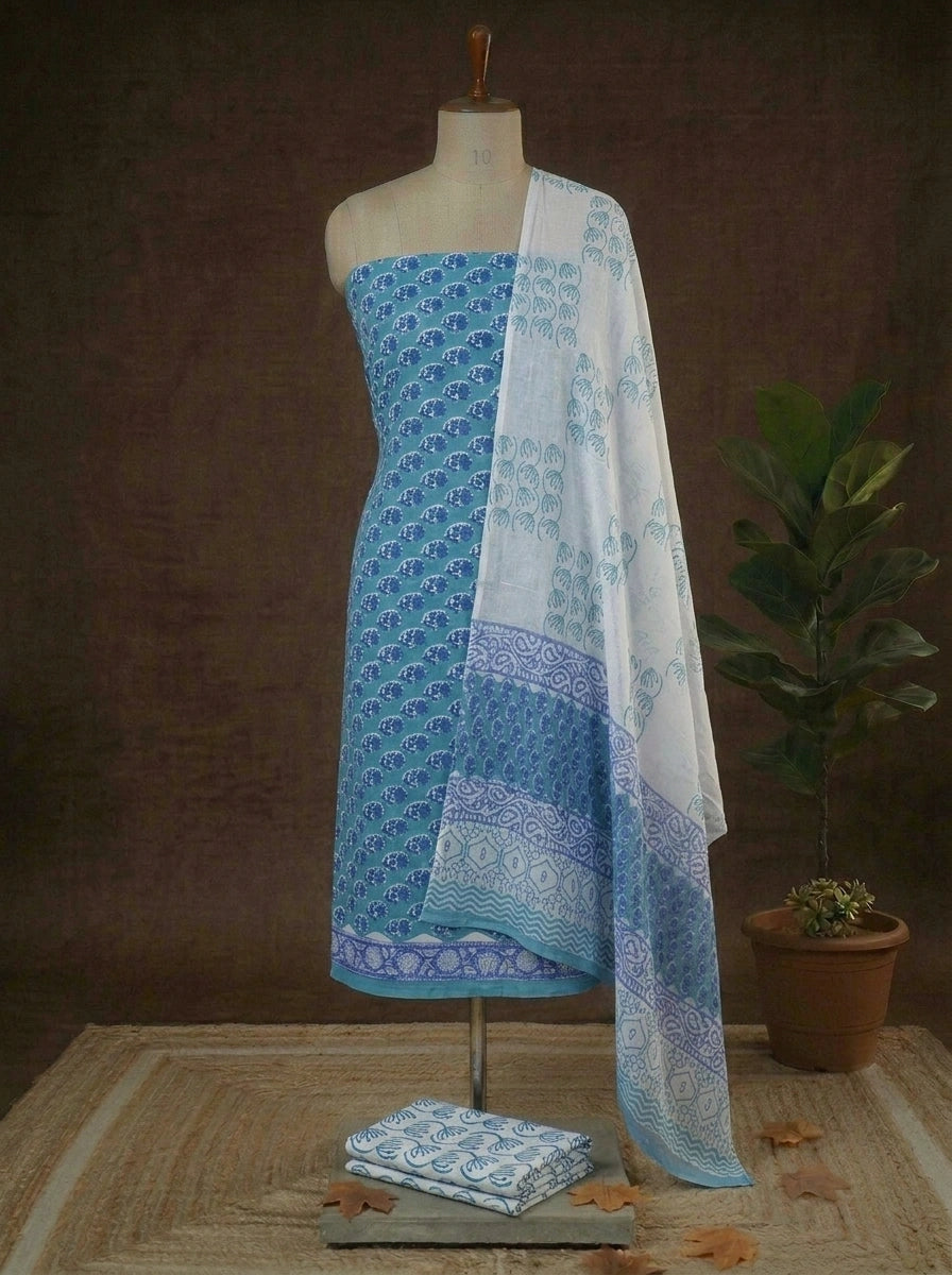 Caribbean Blue with blue flower printed cotton dress material