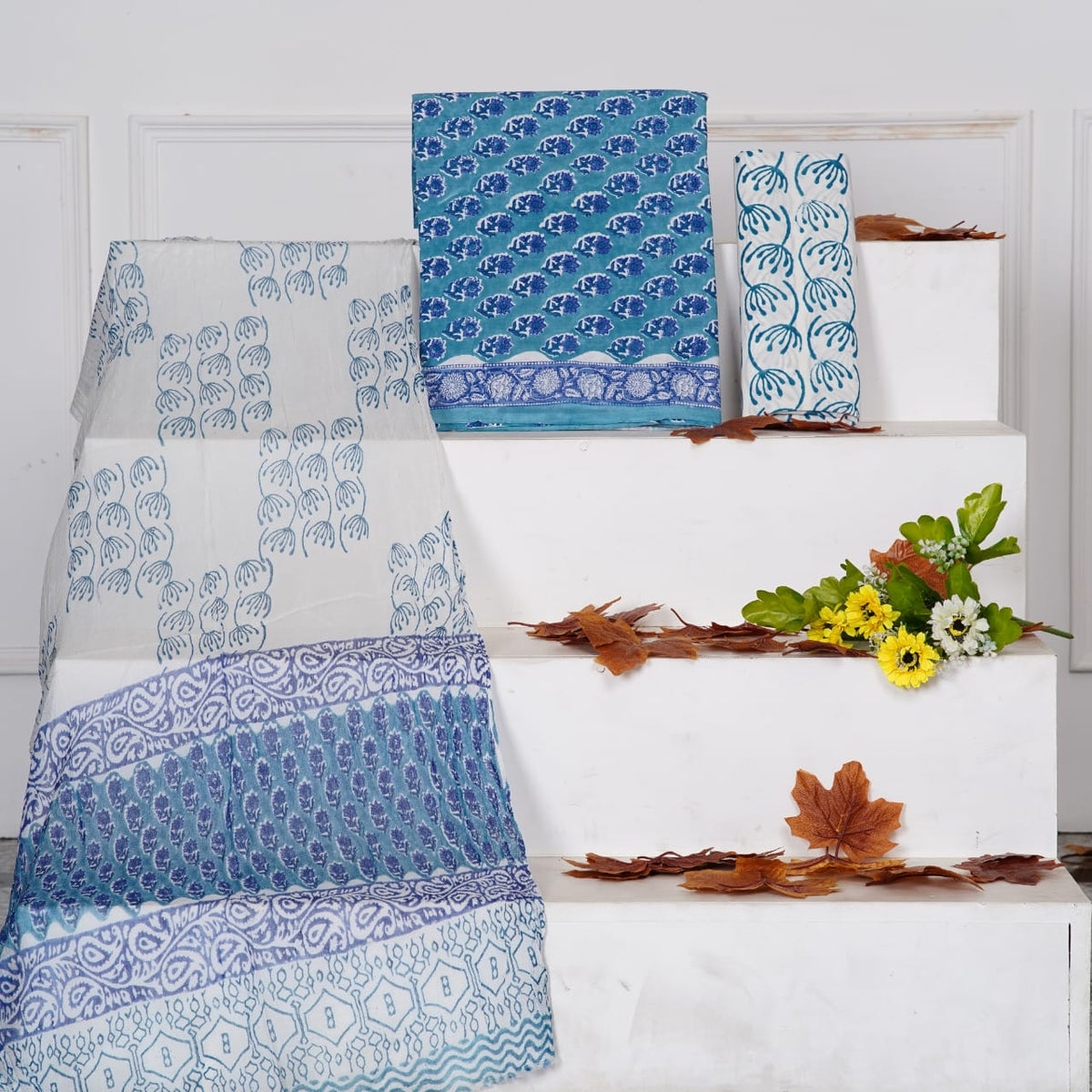 Caribbean Blue with blue flower printed cotton dress material
