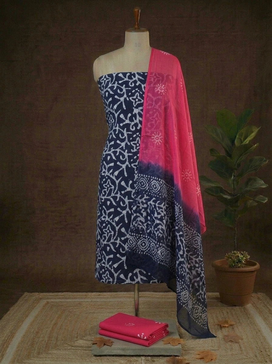 Navy Blue floral printed cotton dress material