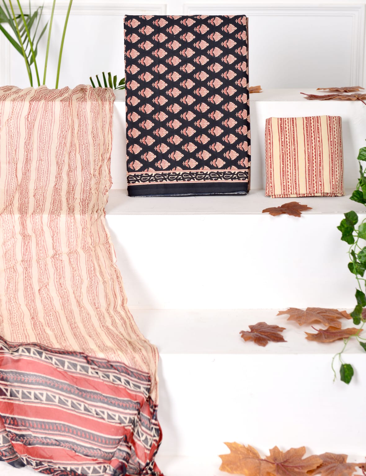 Black with cream floral printed cotton dress material