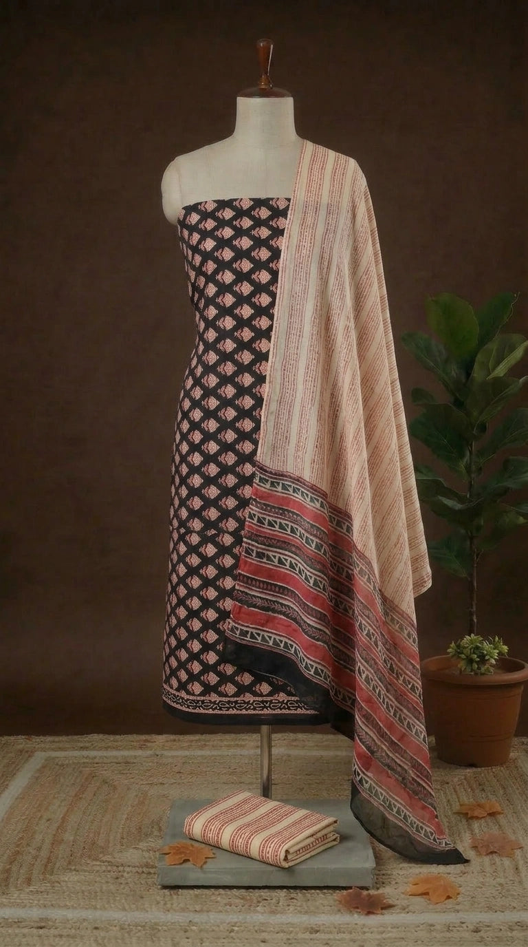 Black with cream floral printed cotton dress material