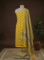 Yellow with Black Floral Print Cotton Dress Material