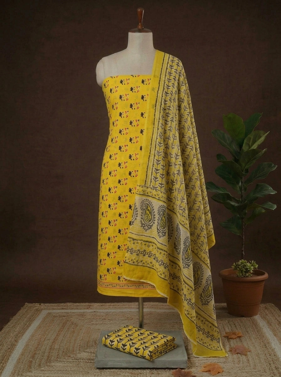 Yellow with Black Floral Print Cotton Dress Material