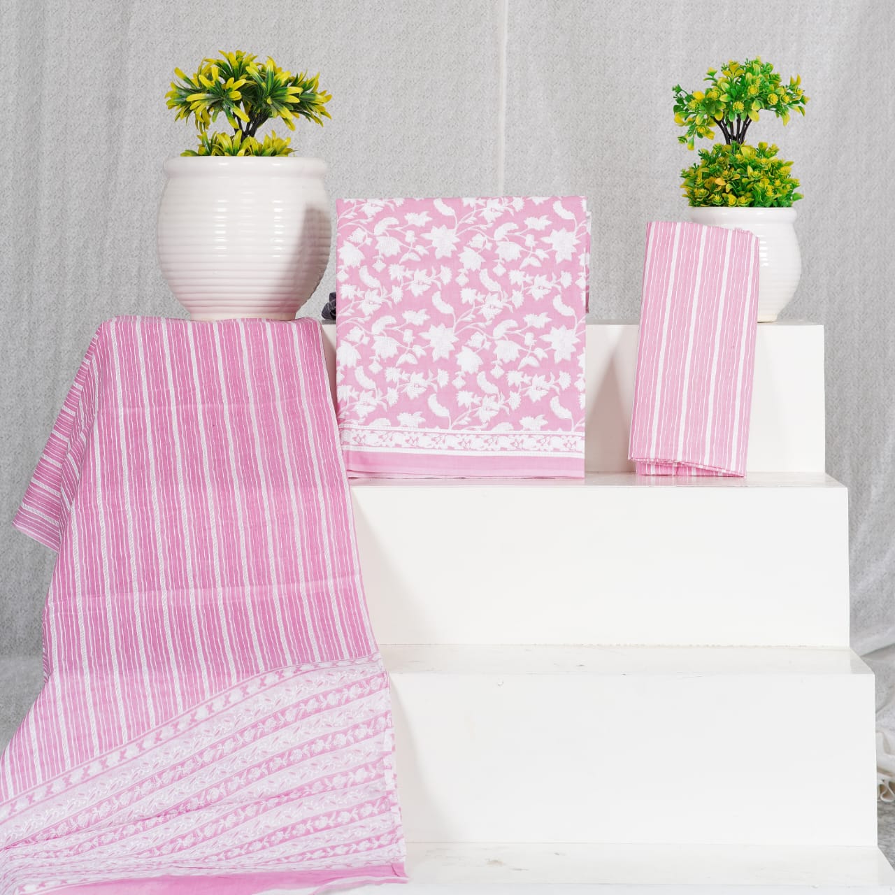 Baby Pink with white flower printed cotton dress material