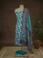 Grey with teal blue batik printed cotton dress material 