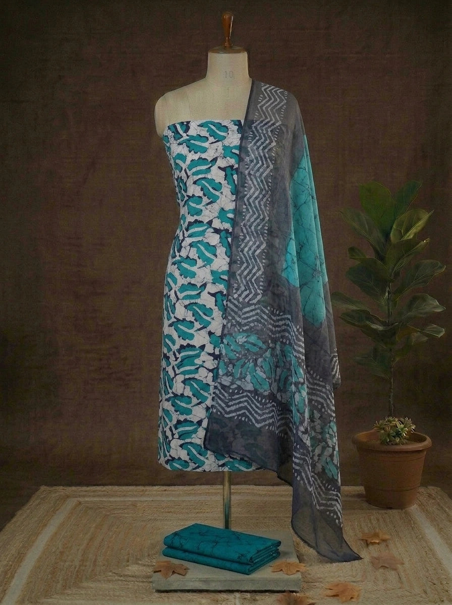 Grey with teal blue batik printed cotton dress material 