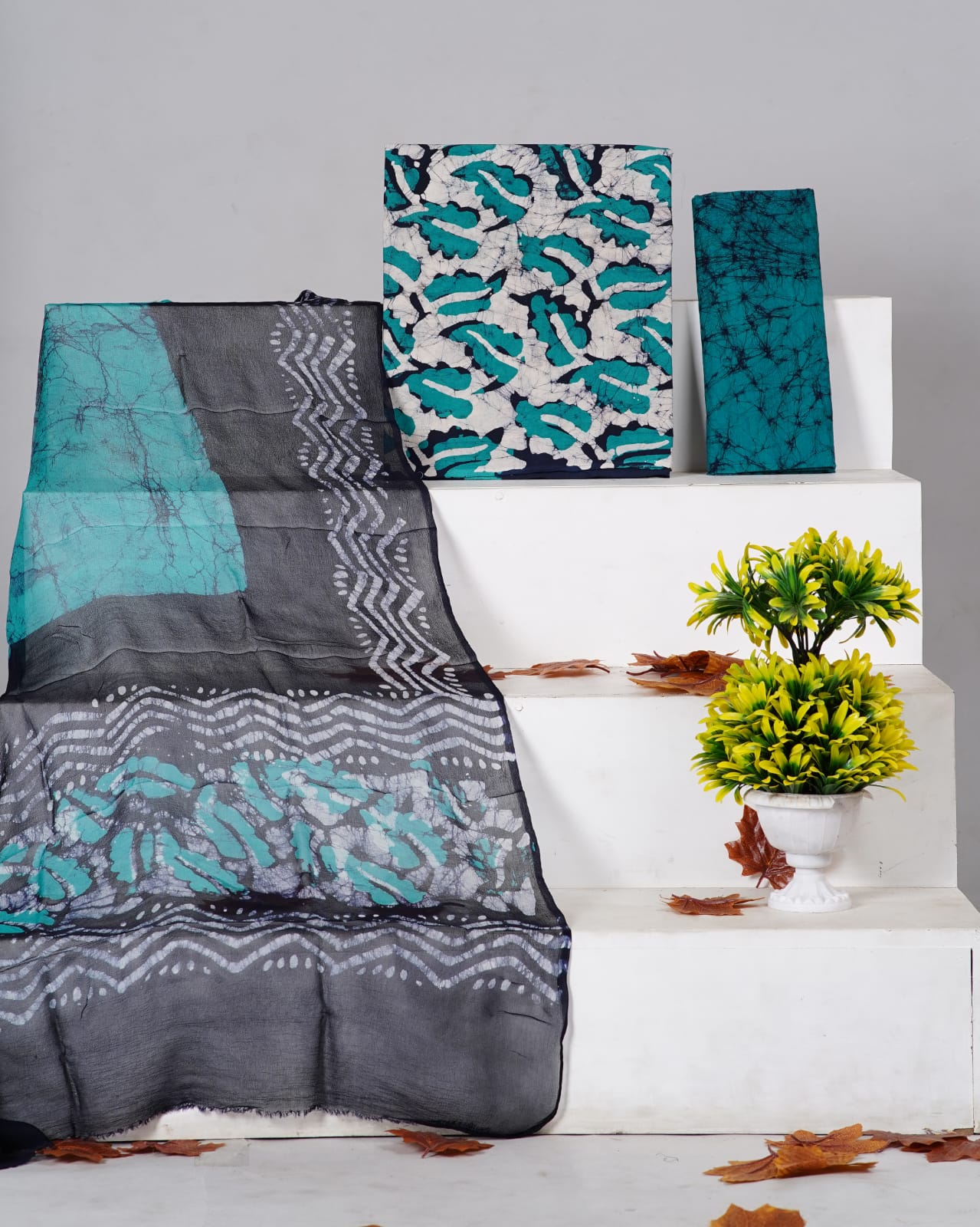 Grey with teal blue batik printed cotton dress material 