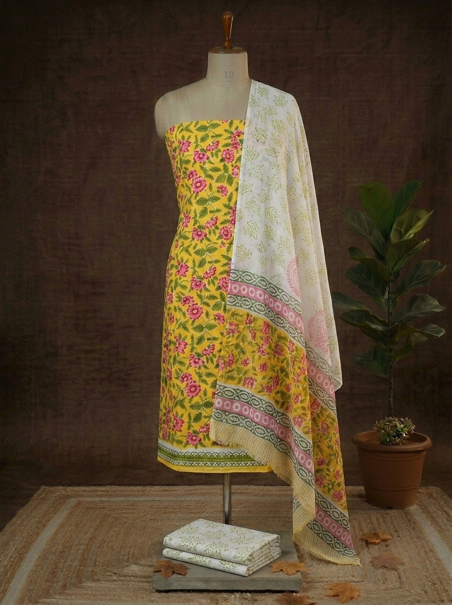 Yellow with Pink floral printed cotton dress material