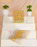 Yellow with Pink floral printed cotton dress material