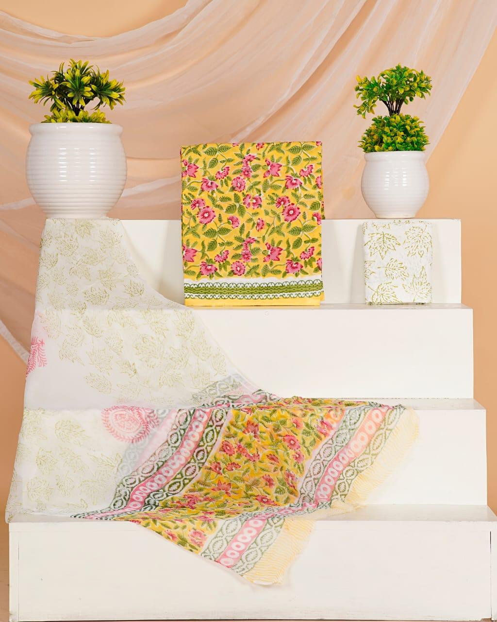 Yellow with Pink floral printed cotton dress material