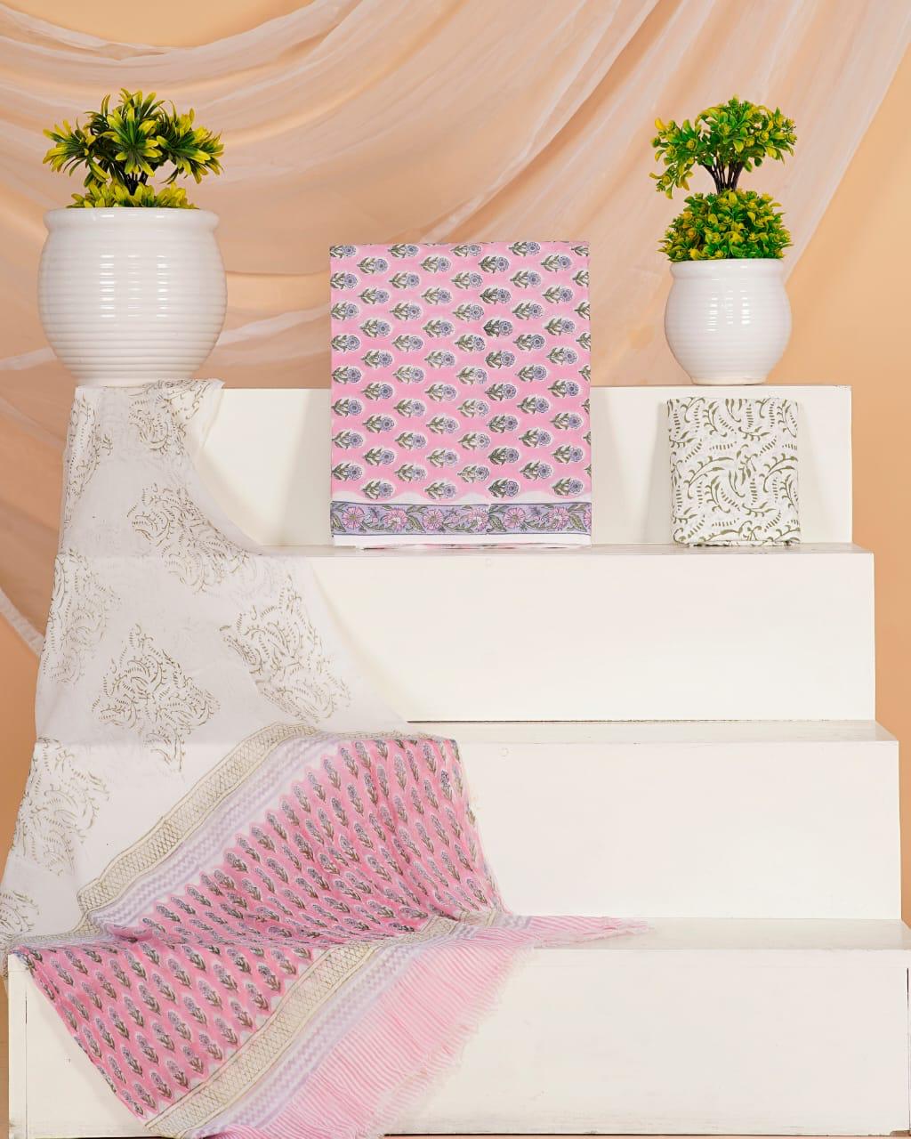 Baby Pink with lavender floral printed cotton dress material online 