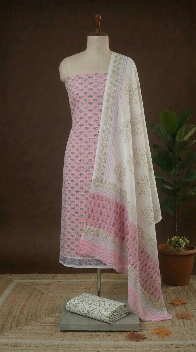 Baby Pink with lavender floral printed cotton dress material online 