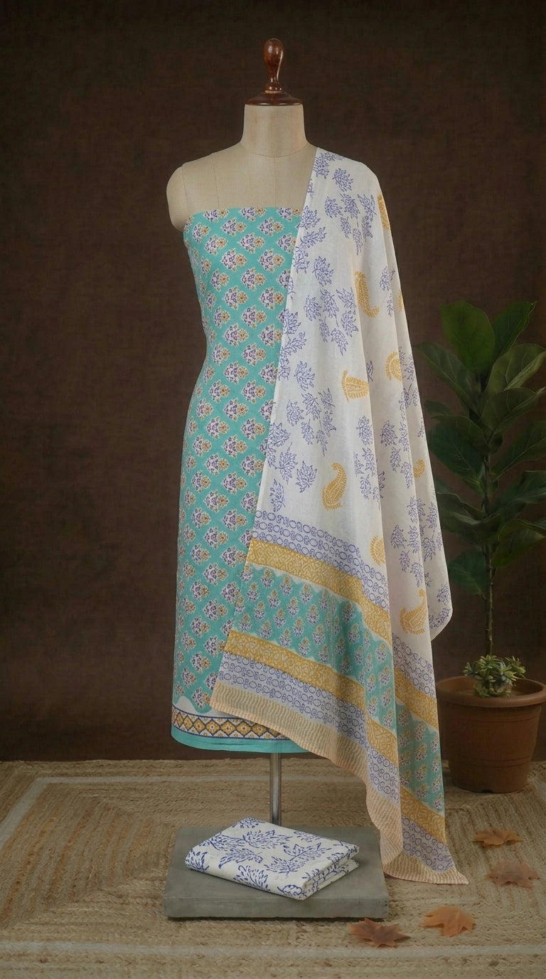 Marine Blue with Purple floral printed cotton dress material