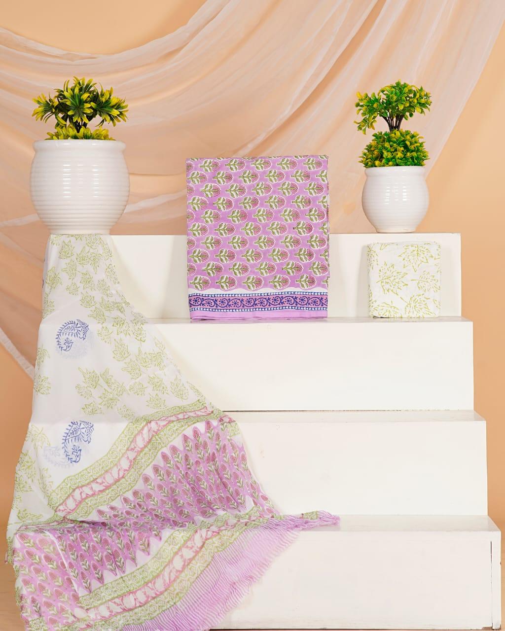 Lavender with pink floral printed cotton dress material