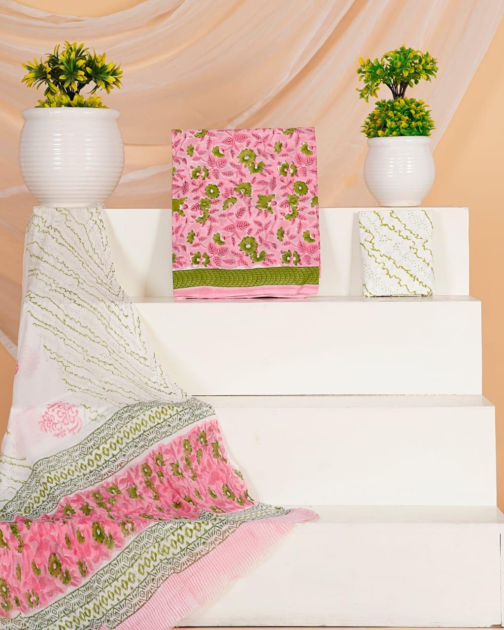 Pink with Green floral printed cotton dress material
